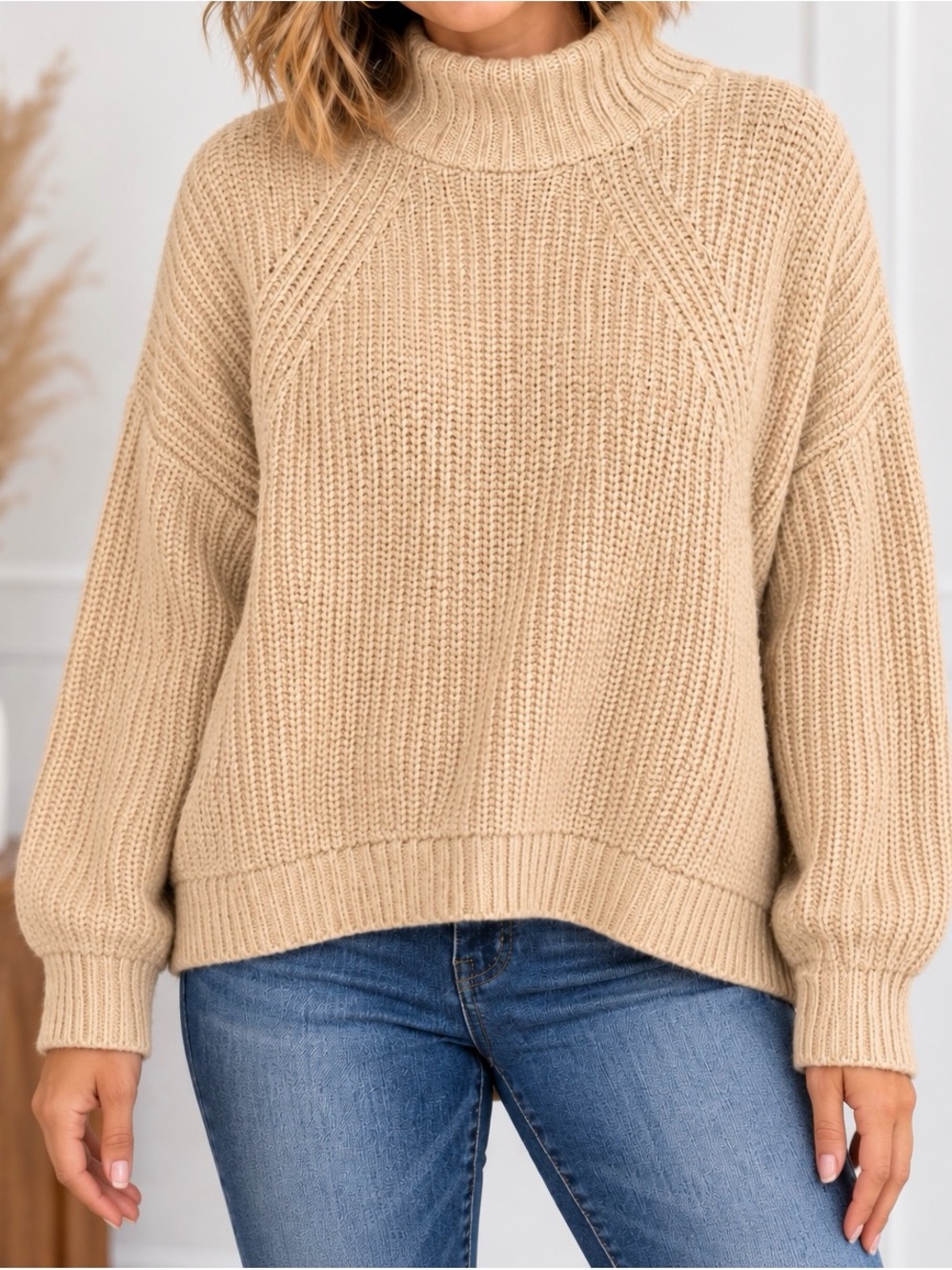 BP Cozy Mock-Neck Women's Sweater in Beige- Size Medium